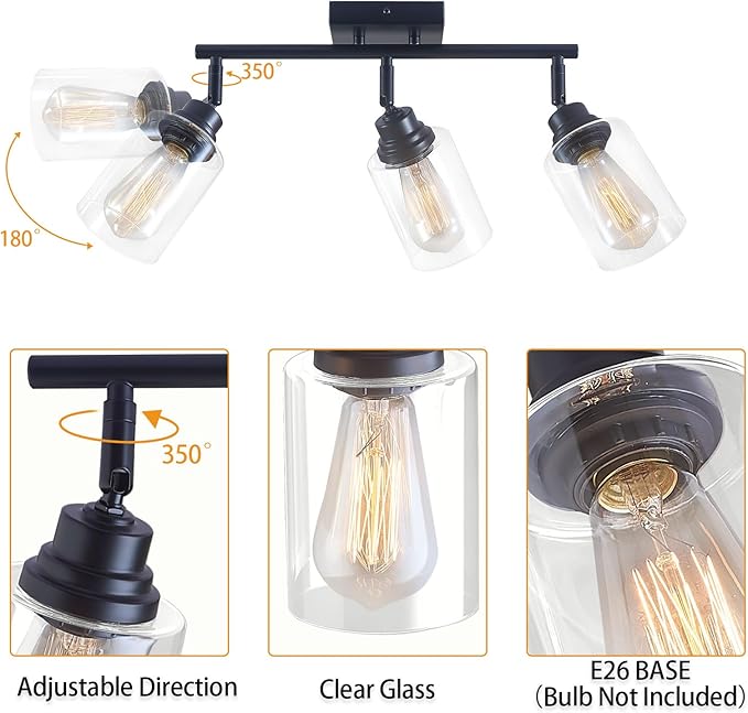 Modern 3-Light Track Lighting Fixtures Ceiling, Light Fixtures Ceiling Mount with Clear Glass Shades, Matte Black Kitchen Ceiling Light Fixtures for Bedroom, Living Room & E26 Base
