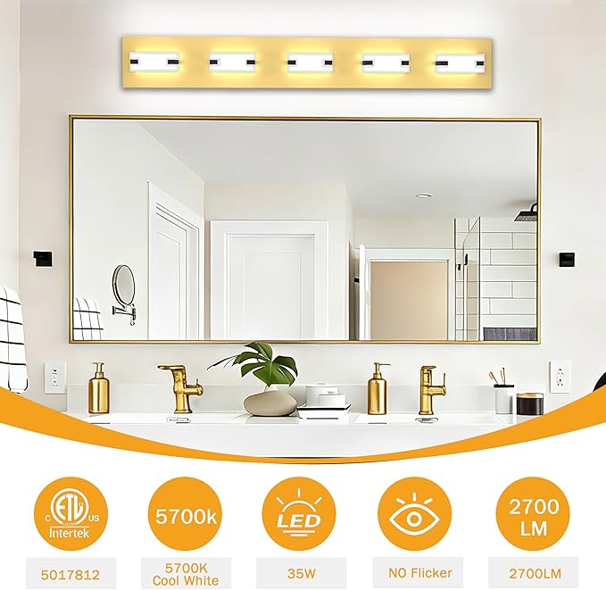 LED Bathroom Light Fixtures, 5-Light Modern Vanity Lights with Milky White Frosted Acrylic Shades, Gold Bathroom Lighting fixtures Over Mirror, ETL Listed, 35W (Cool White 5700K)