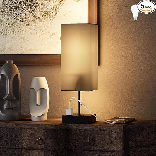 YIDPU Table Lamp for Bedroom with USB,Bedside Lamp with USB C+A Charging Ports,Adjustable 3color LED Light for Home Decor/Nightstand/Office,Included Bulb and Fabric Lamp Shade (Linen Black, 1PCS)
