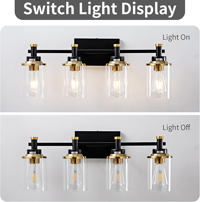 Modern Black & Gold Vanity Lights - 4 Light for Bathroom Over Mirror, Vintage Sconce with Clear Glass Shade