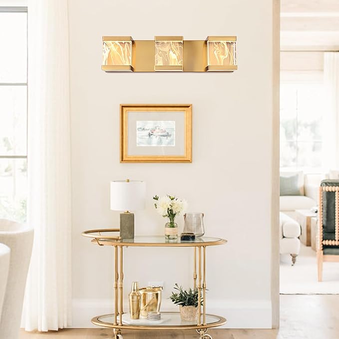 MELUCEE Modern Brass LED Vanity Lights Over Mirror 15W 3 Lights LED Bathroom Light Fixtures with Unique Smoke Acrylic Panel Bathroom Wall Sconce for Bath Powder Room, 3000K Warm Lighting