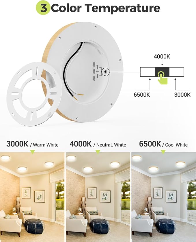 Flush Mount Ceiling Light Fixtures - 3000K-4000K-6500K & 100W Equivalent Flat Led Lights for Room Ceiling,7.5Inch Ultra Thin Round White Ceiling Lights for Bedroom,Kitchen,Bathroom,Hallway (Wood