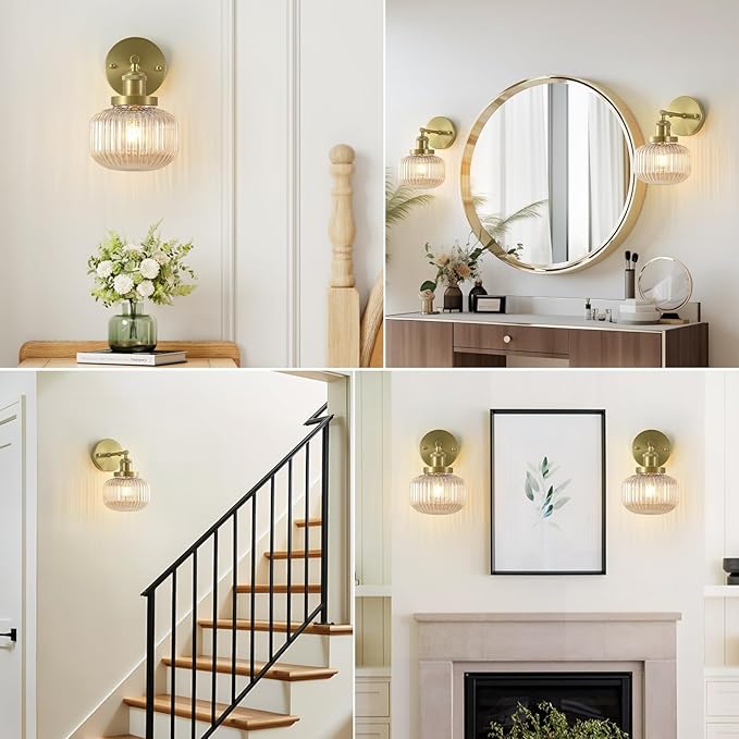 Vintage Wall Sconces with Amber Pumpkin Glass Lampshade, Indoor Bathroom Wall Sconce, Modern Gold Industrial Lighting Fixture for Mirror Living Room Hallway 2 Pack