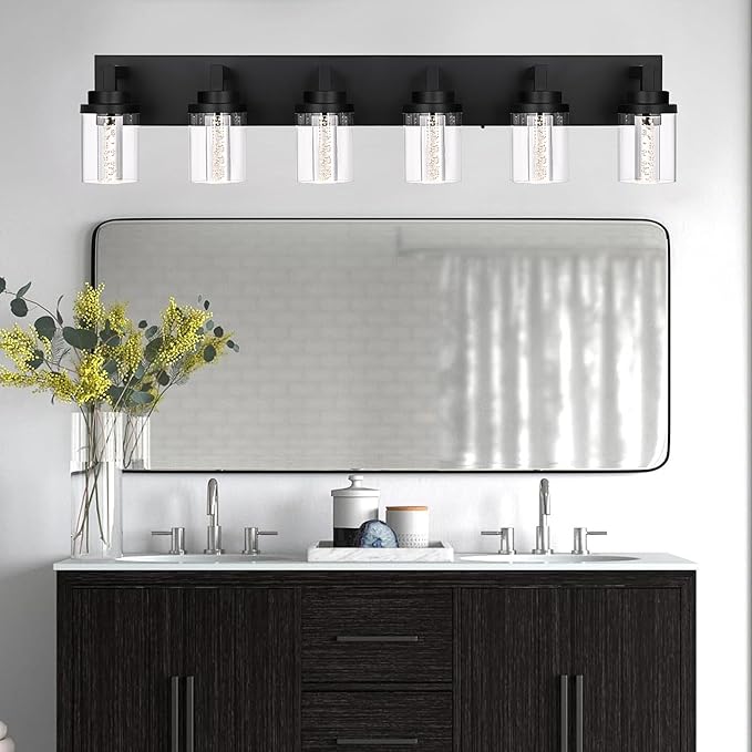 MELUCEE 6-Light Dimmable LED Bathroom Light Fixtures in Black Finish, Modern Bubble Crystal Vanity Lights for Bathroom 5CCT LED Wall Light Fixture with Clear Glass Shade, Built-in Led Chips