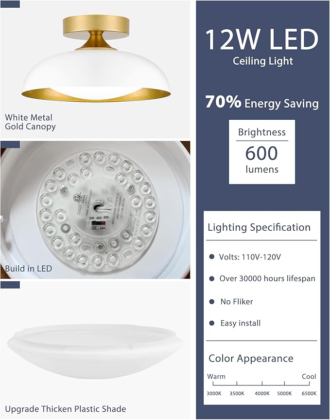 kudos Flush Mount Ceiling Light, 9.5inch LED Ceiling Light Fixture, White and Gold Finish, 12W 600lm Modern Hanging Light Fixtures for Living Room, Bedroom, Hallway, 5CCT Adjustable, KDCL01-WT-S