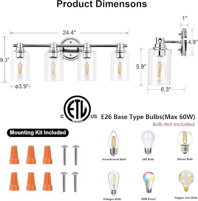 Bathroom Light Fixtures Wall Sconce Light with Clear Glass Chrome 4 Lights Bathroom Lighting Over Mirror Vanity Lights for Living Room,Bedroom,Restroom,Hallway E26 Base