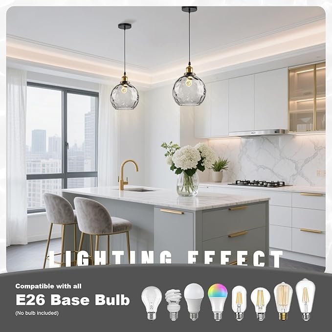 Smoke Gray Glass Pendant Light, Vintage Pendant Lights Kitchen Island Dining Room Pendant Lighting with Hammered Globe Shade, Industrial Hanging Light 1-Light Chandelier for Bedroom Home Bar