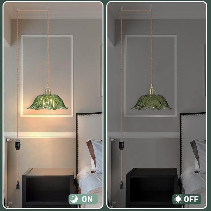Plug in Pendant Light Fixtures,Hanging Light Fixture Corded On/Off Switch,10.6in E26 Green Glass Lampshade Pendant Lighting for Kitchen Island, Bedroom, Dining Room