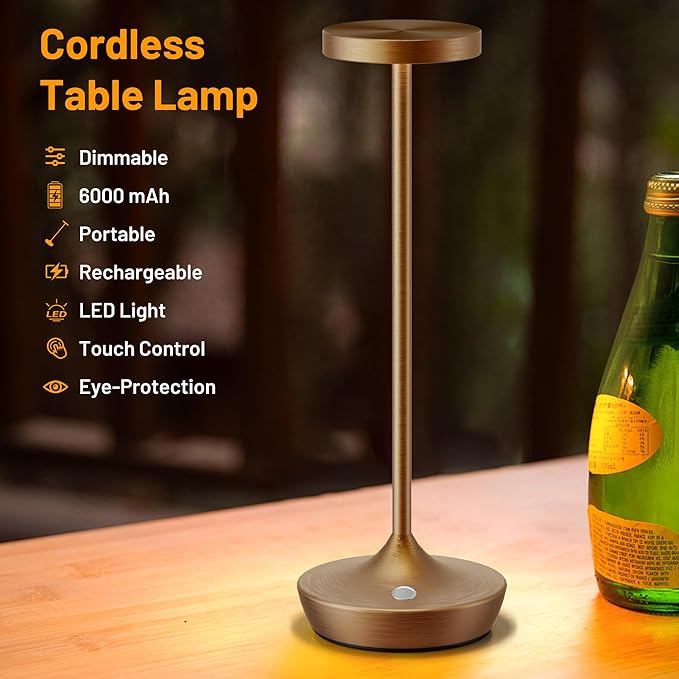 YHT Cordless Rechargeable Table Lamp - 6000mAh Outdoor LED Battery Operated Table Light - Portable Waterproof Dimmable Table Lamps for Restaurant Dining Bedroom Bars Home Patio (Brown 2P)