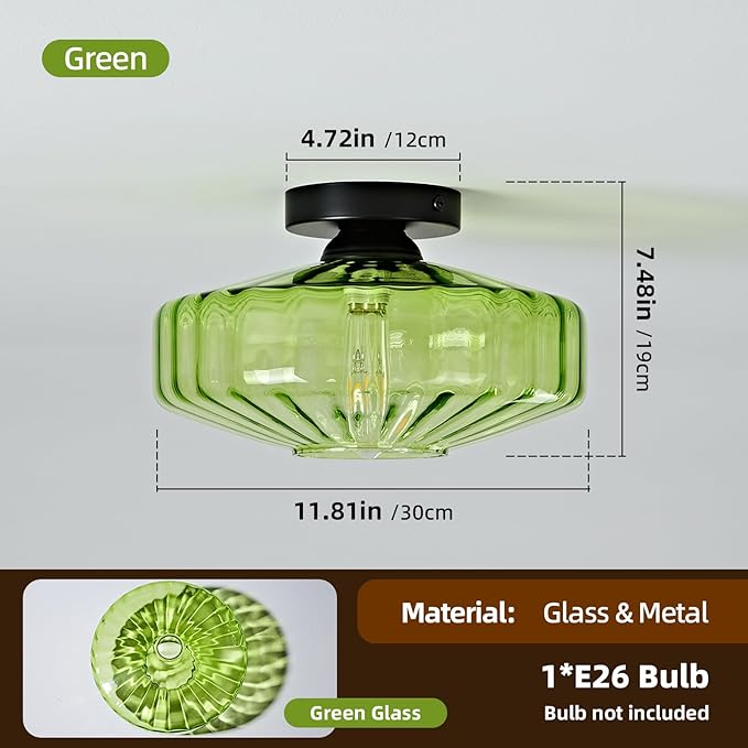 Glass Semi Flush Ceiling Lights - 12 in Vintage Mid Century Modern Lighting Fixture - Green Drum Unique Art Deco Mount Light Fixtures for Hallway Entry Way Hall Kitchen Dining Laundry Room Foyer Porch