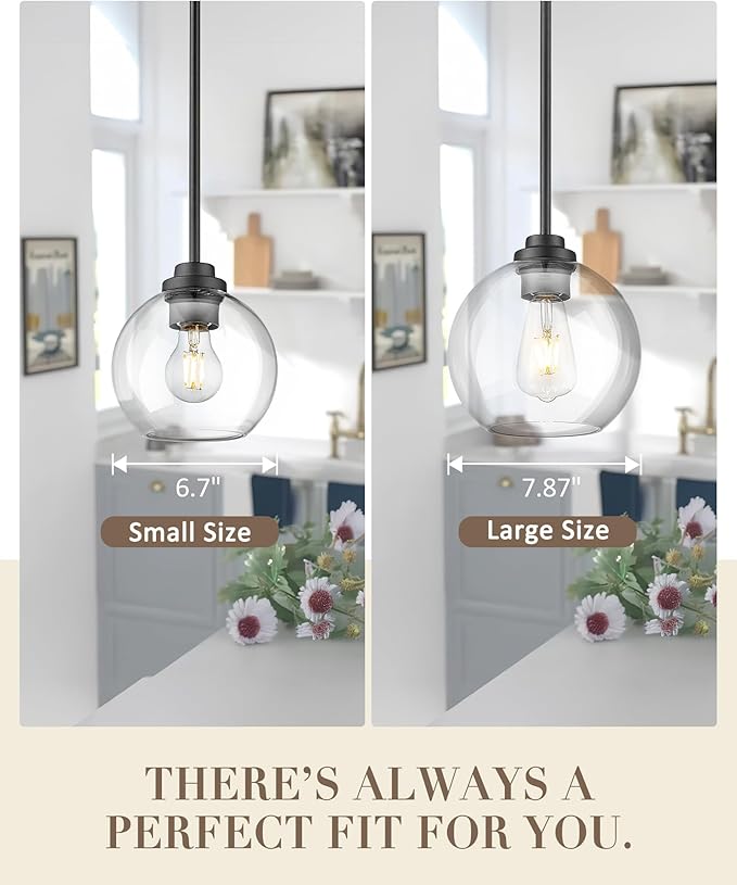 Matte Black Pendant Light, Mid Century Globe Haning Light Fixture Ceiling with Clear Glass for Kitchen Island Dining Room Bedroom Hallway Foyer (1 Pack), PL101BK