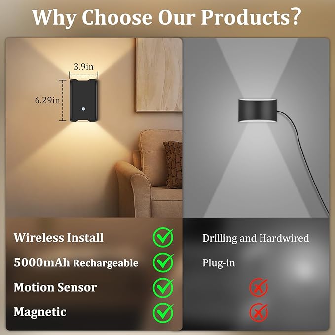4 Pack Rechargeable Motion Sensor Wall Light: Wireless Battery Powered Wall Sconce with Remote, 3CCT Magnetic Motion Sensor Stair Light LED Indoor Up Down Wall Lamp for Bedroom Hallway Closet, Black