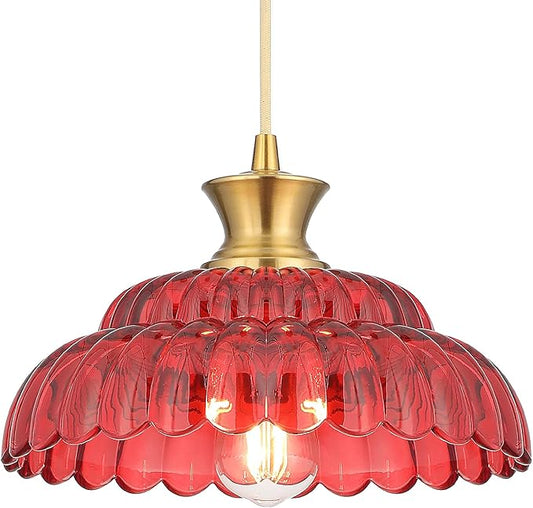Red Glass Pendant Light, 11.8" Vintage Pendant Lighting Brushed Gold Glass Light Fixtures Red Chandelier Modern Hanging Ceiling for Dining Room Kitchen Island Sink Bedroom Foyer Entryway
