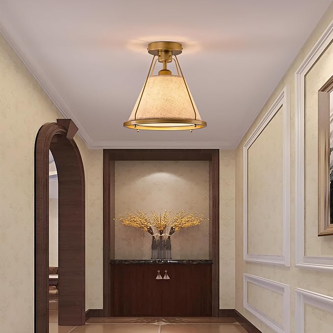 Gold Semi Flush Mount Ceiling Light Fixture with Fabric Shade Modern Bedroom Light Fixture Farmhose Close to Ceiling Light for Living Room Kitchen Hallway Entryway