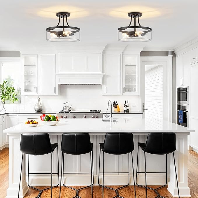 TOULMJ Black Semi Flush Mount Ceiling Light, 11.81" Glass Drum Light Fixture, 3-Light Modern Hallway Light Fixture for Kitchen Entryway Bedroom Foyer Laundry Dining Room