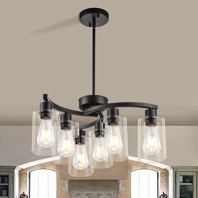 6 Light Modern Chandeliers for Dining Room,21.7" Black Hanging Light Fixture，Kitchen Pendant Lighting Over Island，Industrial Farmhouse Chandelier,Metal with Downward Clear Glass Shade