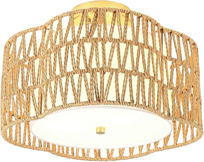 WILON Rattan Flush Mount Ceiling Light, 3-Light Boho Light Fixture with Fabric Shade, Woven Wicker Semi Flush Mount Light Fixture for Hallway Entryway Nursery Bedroom Kitchen Laundry Room