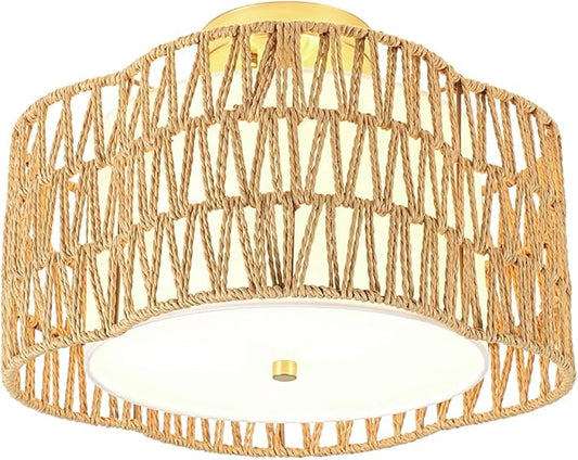 WILON Rattan Flush Mount Ceiling Light, 3-Light Boho Light Fixture with Fabric Shade, Woven Wicker Semi Flush Mount Light Fixture for Hallway Entryway Nursery Bedroom Kitchen Laundry Room