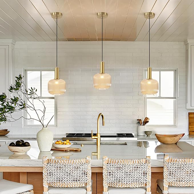 BOKT Modern 2-Pack Glass Pendant Lights Open Amber Ball Ceiling Pendant Lighting Fixture Adjustable Cord Hanging Light Lights Set of Two for Kitchen Island Entryway Dining Room