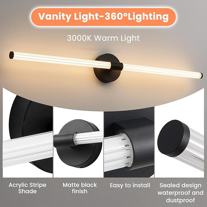 Dimmable LED Bathroom Vanity Lights Hardwired 360° Full Lighting Bathroom Light Fixtures Over Mirror Vanity Light Bar Modern Wall Sconce Warm Light for Bedroom Living Room - Black, 39 inch