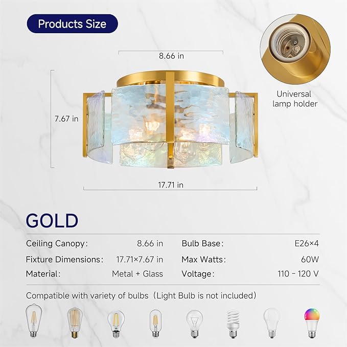 Gold Semi Flush Mount Ceiling Light: 17.7in Kitchen Lights Fixture Ceiling Mount - Modern Bedroom Colorful Glass Drum Indoor Lighting - Mid Century Fixtures for Laundry Room Foyer Hallway Entryway