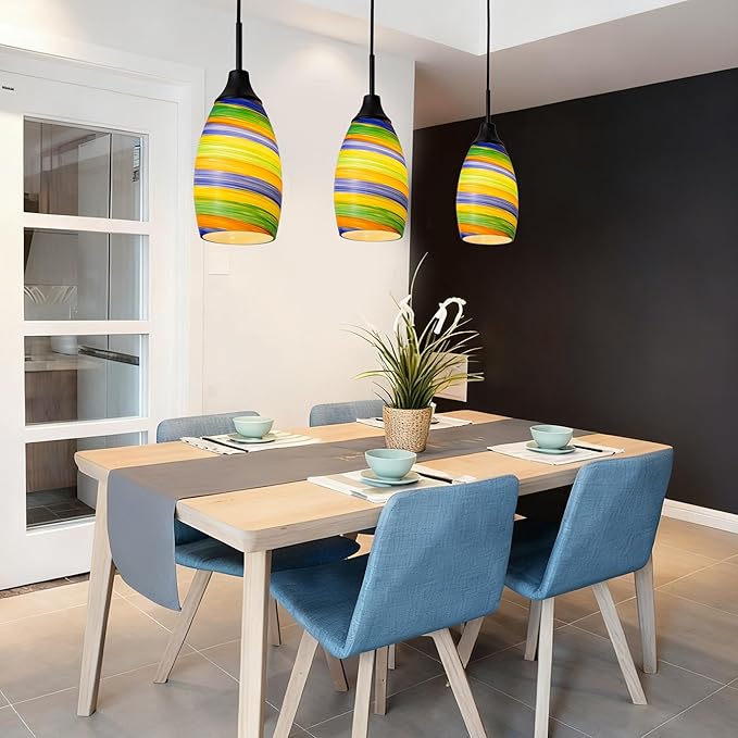 Viinew Mini Glass Pendant Light,4.72" Rainbow Hanging Lights 1-Pack Handblown Oval Rainbow Art Glass Hanging Pendant Light for Kitchen Island,Dining Room,Living,Foyer,Hallway, Entry