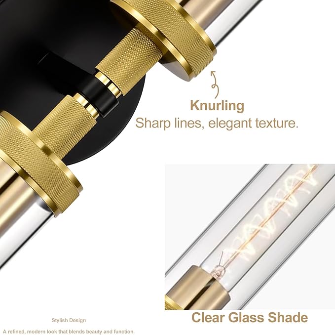 LaLuLa 2-Pack Black and Gold Bathroom Vanity Light Fixtures – Modern 2-Light Wall Sconces with Knurled Texture and Clear Glass Shades, Bathroom Lighting Fixtures Over Mirror, 25 Inch