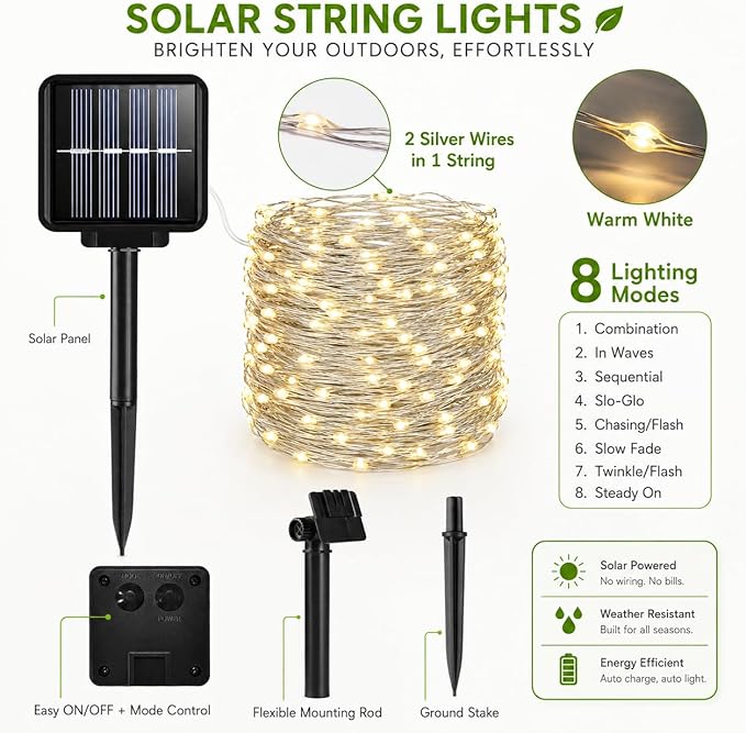 ALENEY Solar String Lights Outdoor, 33 Feet 100 LEDs 8 Modes Solar Fairy Lights for Outside, Waterproof Outdoor Light for Patio Yard Christmas Tree Halloween Wedding Party Decorations, Warm White