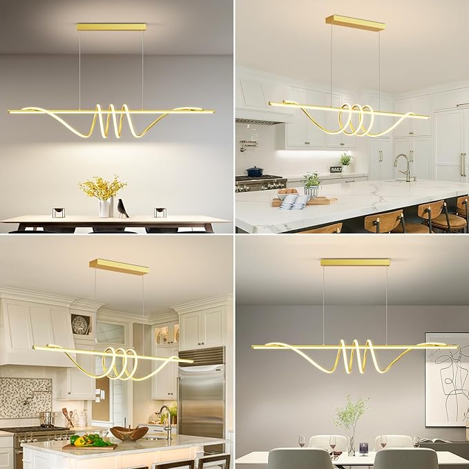 Modern LED Pendant Lights Kitchen Island, 57in Gold Chandelier Dimmable with Remote Control 3000k-6000K Adjustable, Aluminum Island Lighting Lamp Fixture for Kitchen, Dining Room