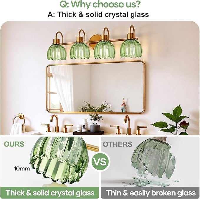 4-Light Bathroom Light Fixtures, 27" Brushed Gold Vanity Lights for Bathroom with Ribbed Green Tulip Glass Shade, Vintage Bathroom Vanity Lighting Fixtures Over Mirror for Bedroom Living Room Hallway