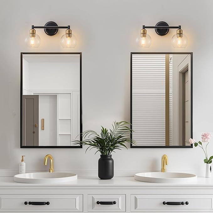 Bathroom Light Fixtures,2-Light Modern Bathroom Vanity Light,Black and Gold Wall Sconce with Clear Glass Globe Shades,Adjustable Brightness Wall Lights for Kitchen,Bedroom,Hallway,Living Room