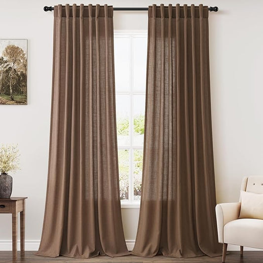 Caramel Brown Linen Curtains for Living Room Extra Long 112 Inches Long Back Tab Light Filtering Semi Sheer Curtain Vintage Rustic Decor Floor to Ceiling High Window for Bedroom 52x112, 2 Panels