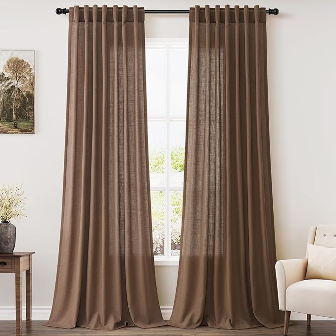 Nanspring Caramel Brown Linen Curtains for Living Room 92 Inches Long Back Tab Light Filtering Semi Sheer Vintage Rustic Curtain Luxury Boho Decor Drapes for Bedroom Office 52x92, 2 Panels