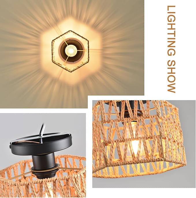 Hand-Woven Rattan Flush Mount Ceiling Light,Farmhouse Light Fixtures Ceiling Mount Boho for Hallway Bedroom Kitchen Entryway Living Room
