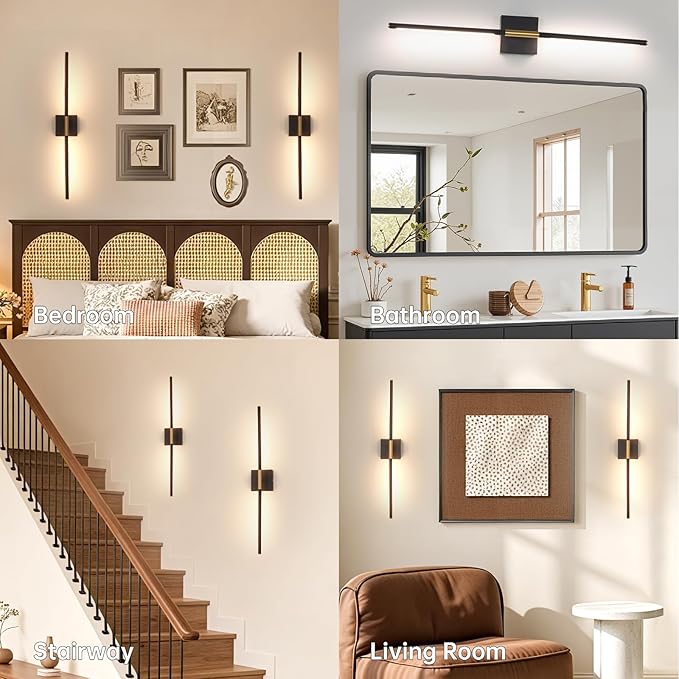 Shenmoyl Battery Operated Wall Sconce Set of 2, 10400mAh Wireless Wall Sconces, 3000K-6000K Dimmable, 350°Rotate, Indoor Wall Lights with Remote for Bedroom Living Room Bathroom, Black Gold, 31.5 Inch
