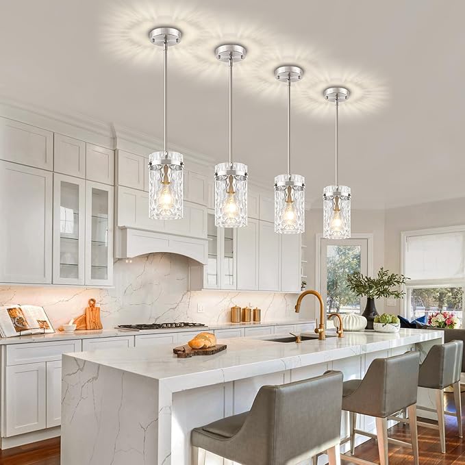 2 Pack Brushed Nickel Pendant Lighting for Kitchen Island, Modern Hand-Blown Glass Kitchen Hanging Light Fixtures Over Island Adjustable Mini Pendan Lights for Hallway Entryway Bathroom Dining Room