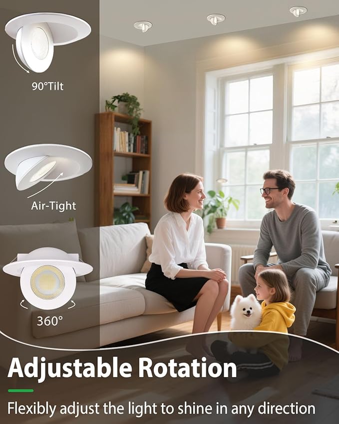 zouzai 4 inch 5CCT Gimbal Led Recessed Lights, 360°+90° Adjustable Directional Recessed Lighting, 2700K/3000K/3500K/4000K/5000K Dimmable Retrofit Eyeball Can Lights with Jbox, ETL(White, 1 Pack)