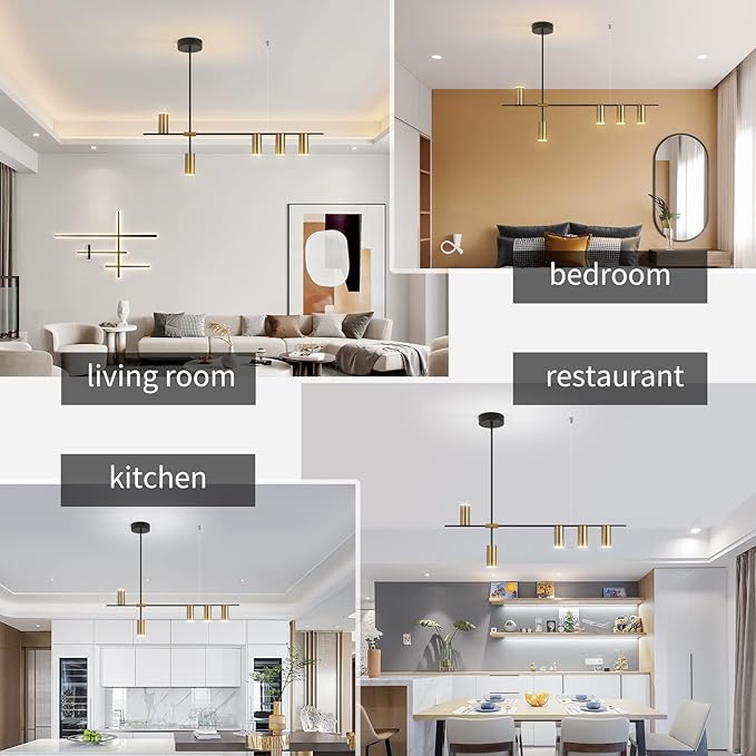 Siittoo Modern Kitchen Island Light with Remote, Dimmable LED Linear Pendant Light, 39.3" Black Gold Dining Room Light Fixture Over Table (30W, 5-Light)
