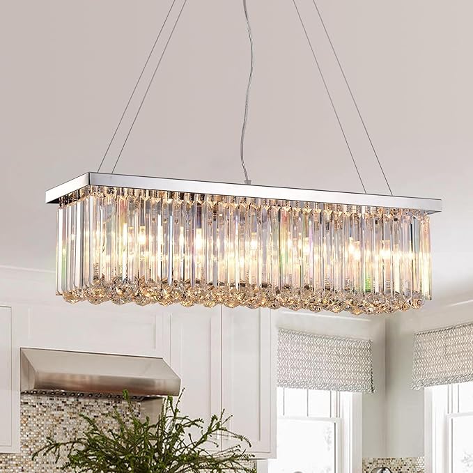 Modern Silver Rectangular Crystal Chandelier, Dining Room Chandeliers Over Table, Luxury Chrome Pendant Ceiling Light Fixtures for Kitchen Island, Living Room, Bar of CRYSTOP
