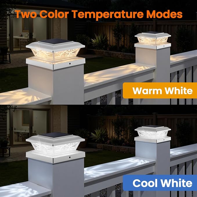 Brightever 4x4 3.5x3.5 Solar Post Cap Lights, 4-Pack Outdoor Solar Powered Fence Post Lights Fit Vinyl/Wood Posts, 2 Modes(Warm/Cool Light), Solar Waterproof Deck Post Lights for Garden, Patio, White