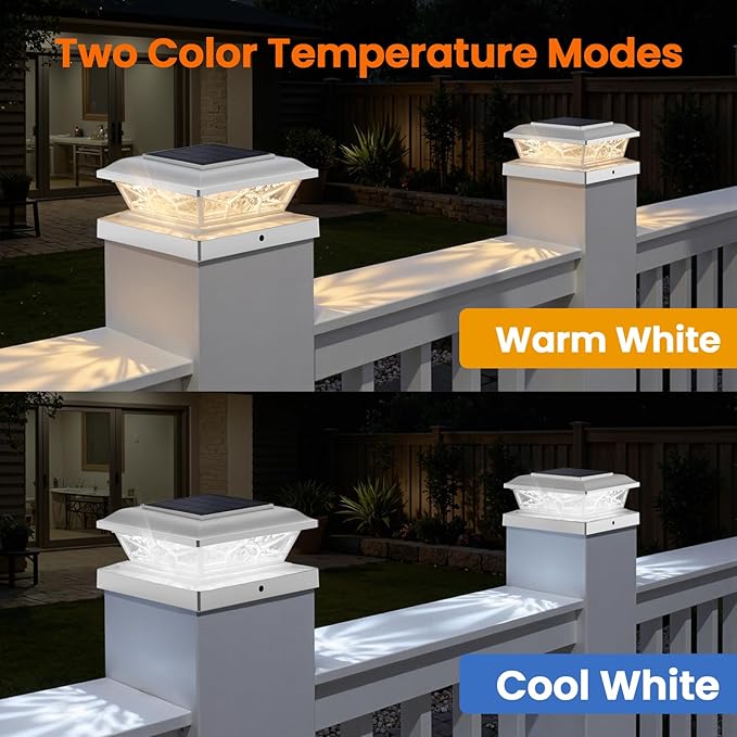 Brightever 4x4 3.5x3.5 Solar Post Cap Lights, 12-Pack Outdoor Solar Powered Fence Post Lights Fit Vinyl/Wood Posts, 2 Modes(Warm/Cool Light), Solar Waterproof Deck Post Lights for Garden, Patio, White
