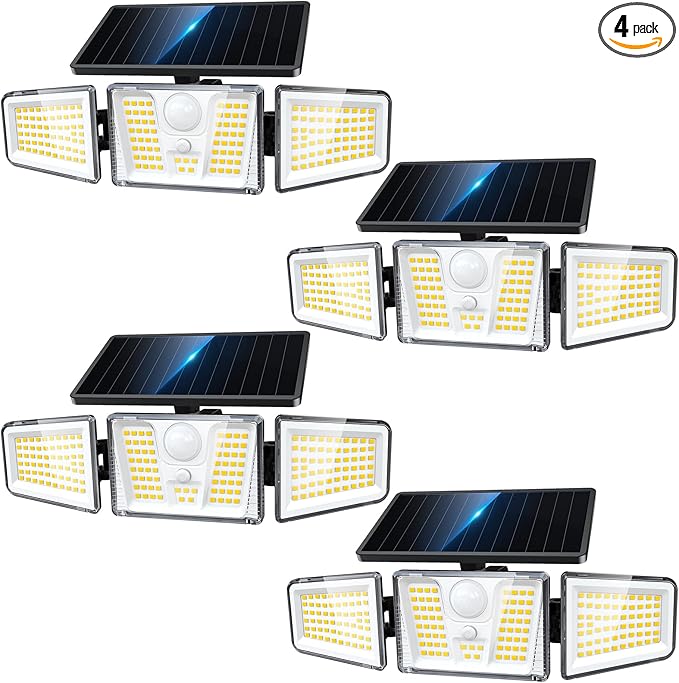 KOOPER 4 Pack Solar Flood Lights, 210 LED Motion Sensor Outdoor Lights, Solar Motion Lights Outdoor Waterproof, 3 Heads 300° Wide Angle Outdoor Security Lights for Yard Patio Garage Entryways, Black