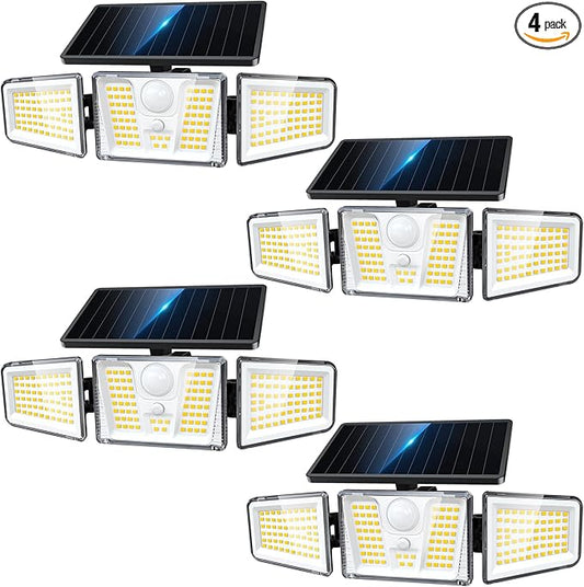 KOOPER 4 Pack Solar Flood Lights, 210 LED Motion Sensor Outdoor Lights, Solar Motion Lights Outdoor Waterproof, 3 Heads 300° Wide Angle Outdoor Security Lights for Yard Patio Garage Entryways, Black