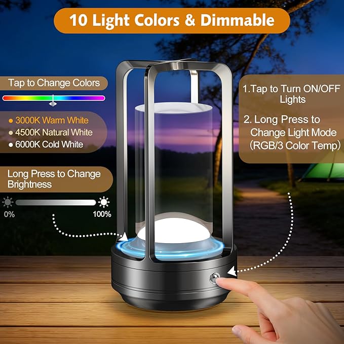 Portable Table Lamp for Outdoor Indoor: Cordless Rechargeable Desk Lamp with 10 Colors - Shower Lamp with Stepless Dimmable - Metal Battery Operated Lantern Light for Bedroom/Bar/Coffee Shop/Camping