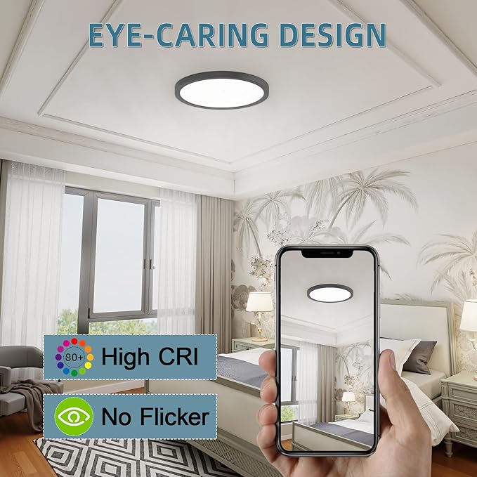 TOPELER Black 12" Slim Surface LED Ceiling Light, 28W 2400Lm, 5CCT Selectable Flushmount Round Flat Panel Lights for Bedroom, Porch, Hallway, Stairwells, ETL & FCC Listed, 2Pack