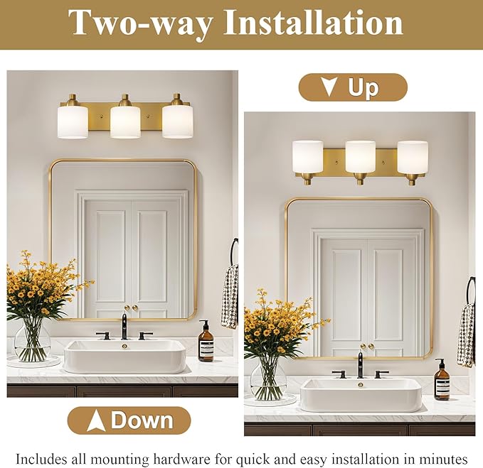Mecgirn Stainless Steel Milk Glass Vanity Lights for Bathroom, 3 Light Gold Bathroom Light Fixtures Over Mirror, Ceramic E26 Sockets Wall Mounted