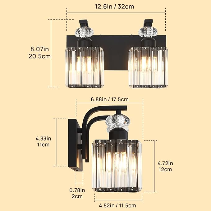 Modern Bathroom Vanity Light, 2-Light Black Bathroom Lighting Fixtures Over Mirror, 12.6" Crystal Wall Light Sconce for Bathroom/Bedroom/Vanity, Includes LED Bulbs, Easy Installation
