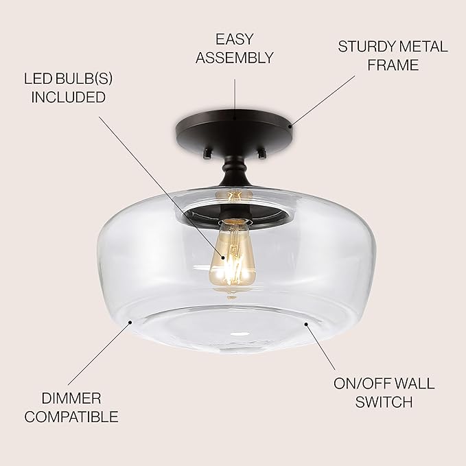 JONATHAN Y 14" Oil Rubbed Bronze Modern Farmhouse LED Flush Mount Light Fixture, Clear Glass Shade, Rustic Industrial Schoolhouse Lamp for Kitchen Hallway Bedroom JYL7517A