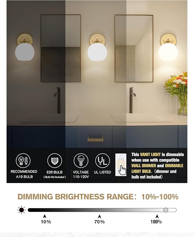 Emak Modern 2 Pack Globe Wall Sconce, Gold Vanity Light with Milk Glass Shade for Bathroom, Living Room, Pictures, Bedroom,Hallway, WS114-GD-ML-2PK