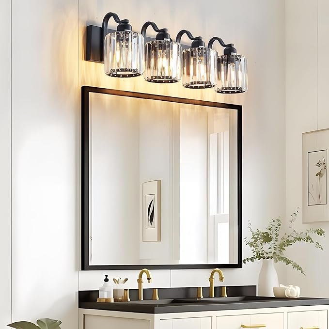 Black 4 Light Fixtures Bathroom Vanity Light Crystal Modern Vanity Over Mirror for Bathroom with Crystal Round Shade (Exclude Bulb)